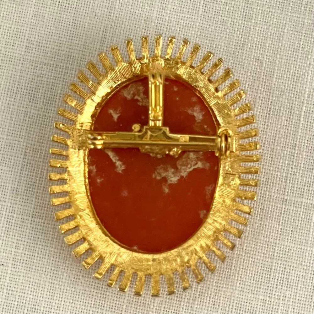 Vintage Style Cameo Brooch Pin Pendant Resin on Goldtone Oval 1.5 in x 2 in